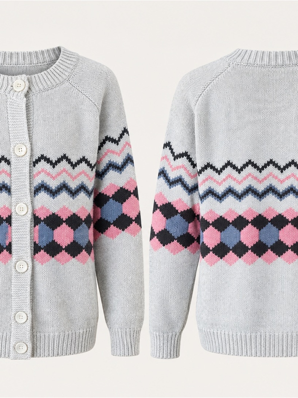Women’s Light Gray Fair Isle Knit Cardigan Sweater - Pink & Blue Pattern